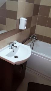 a bathroom with a sink and a bath tub at Pensiune Restaurant la Pogace in Săpînţa