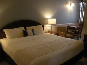 a bedroom with a large white bed and a chair at Scala Hotel in Lagos de Moreno
