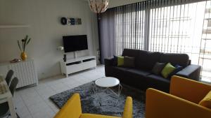 a living room with a couch and a tv at SeaWind in Middelkerke