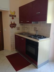 una cucina con forno a piano cottura in bianco e nero di Panorama Apartment a Pognana Lario