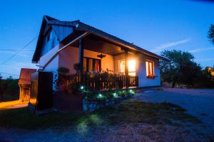 une maison avec des lumières à l'avant de celle-ci la nuit dans l'établissement Holiday Home Radočaj, à Slunj