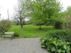 a park bench sitting in the middle of a garden at Gîte Carpe Diem in Quimperlé +3 photos