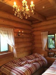 1 dormitorio con lámpara de araña en una cabaña de madera en Deja vu, en Shika