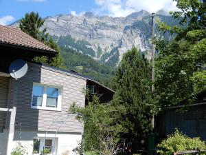 a house with a view of a mountain at Chalet Herenhuet in Brienz