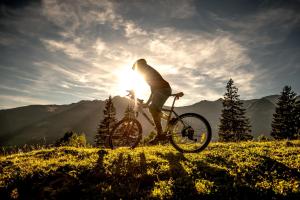 Ein Mann, der mit der Sonne auf einem Hügel Fahrrad fährt in der Unterkunft Haus Mitterlechner in Dorfgastein