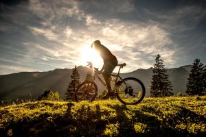 ドルフガシュタインにあるHaus Mitterlechnerの太陽の下で自転車に乗る男