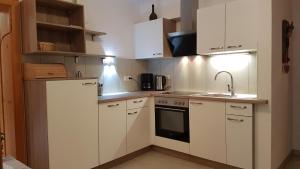 a small kitchen with white cabinets and a sink at Apart Mangweth in Nauders
