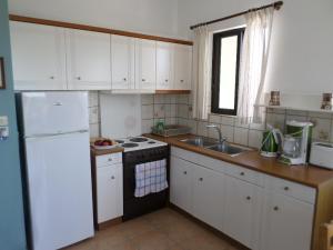 a kitchen with a white refrigerator and a sink at Mary's Apartments in Chrani