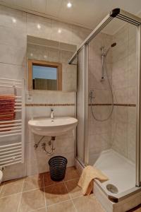 uma casa de banho com um lavatório e um chuveiro em Gasthaus "Zur Einkehr" em Neureichenau