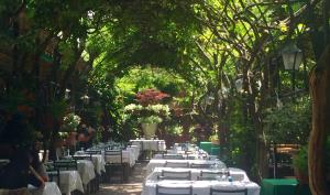 a row of tables with white tablecloths and trees at Antica Locanda Montin in Venice