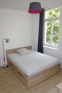 Schlafzimmer mit einem Bett und einem Fenster in der Unterkunft Maison Victor Hugo in Lille