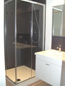 een glazen douche in een badkamer met een wastafel bij 't Vossenerf in De Haan
