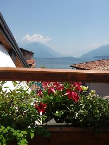 a balcony with red flowers and a view of the water at Casa Di Lena in Gravedona