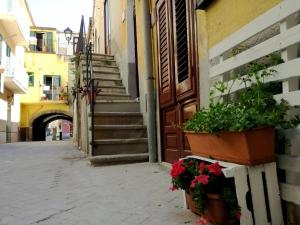eine Gasse mit einer Tür, Topfpflanzen und Treppen in der Unterkunft Sotto L'Arco in Santo Stefano di Camastra
