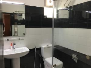La salle de bains est pourvue de toilettes, d'un lavabo et d'une douche. dans l'établissement Skylight Apartment, à Nuwara Eliya