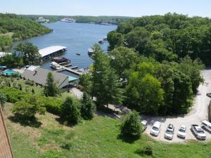 an aerial view of a marina with boats in the water at Inn at Grand Glaize in Osage Beach