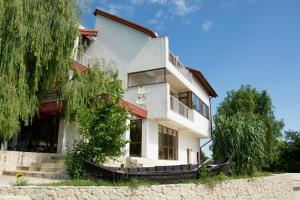 a house with a boat in front of it at Pensiunea 4 Salcii in Băltenii de Sus