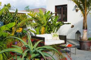 a patio with a white couch and some plants at Finca Botanico Garden Apartment in Guatiza