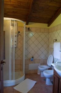 a bathroom with a shower and a toilet and a sink at La Casa nella Prateria in Altomonte
