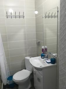 a bathroom with a toilet and a sink and a mirror at SV apartments in Zatoka +40 photos