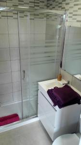 y baño con ducha y lavabo blanco. en Cal Jordi, Fulleda, en Fulleda