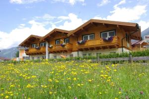 a house on a hill with a field of flowers at Chalet Tirolerland in Mayrhofen