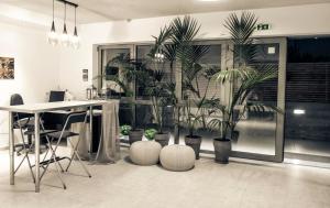 um escritório com vasos de plantas numa sala em Hotel Vozina em Metamorfosi