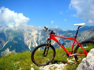 a red bike parked on top of a mountain at Apartment pri Damijanu in Ponikve