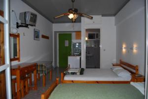 a small room with a bed and a kitchen at Dimitris Apartments in Vasiliki