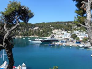 a view of a harbor with boats in the water at Pension Galazios Kolpos in Patitiri