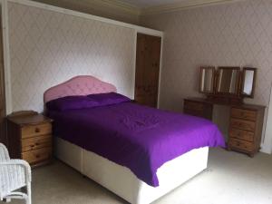 1 dormitorio con cama morada, tocador y espejo en Creevy Lodge, en Castlederg