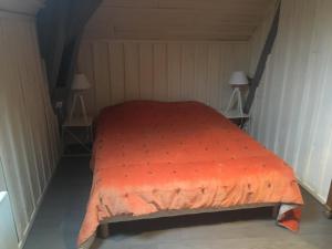 a bed with an orange comforter in a room at Grand appartement 2 à 8 personnes in Cauterets