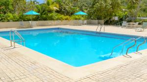 a large blue swimming pool with chairs and umbrellas at Casa Azul in East End