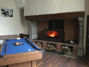 a living room with a pool table and a fireplace at Chez Susan in Buzy