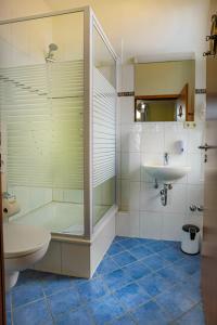 a bathroom with a toilet, sink, and shower stall at Hiddenseer Hotel in Stralsund