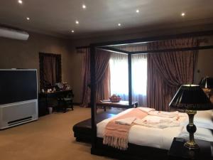 una camera con letto, televisore e finestra di Witwater Guest House & Spa a Kempton Park