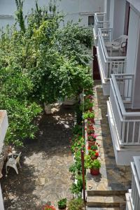 a garden with flowers and plants on balconies at Nikos Rooms in Votsi
