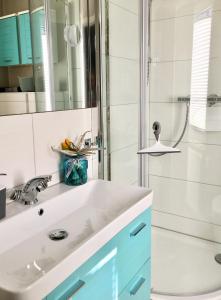 ein Badezimmer mit einem weißen Waschbecken und einer Dusche in der Unterkunft Wohlfühl-Apartments in Zingst in Zingst
