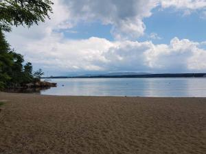 a sandy beach with a view of a body of water at Villa Salena in Primorsko
