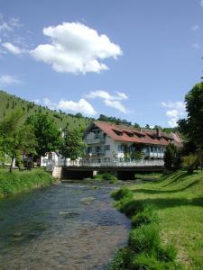 a bridge over a river with a house on it at Pension Alter Wirt in Enkering