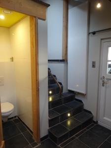 a bathroom with a staircase leading to a toilet at Luxe kamer Cadzand in Cadzand