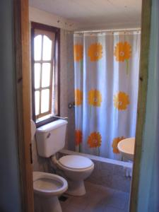 a bathroom with a toilet and a shower curtain with flowers at Puma Hostel in San Martín de los Andes