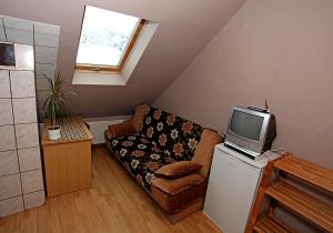 uma sala de estar com um sofá e uma televisão em Schronisko młodzieżowe w Jabłonkach em Jabłonki