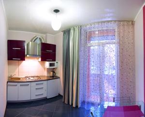 una cucina con finestra, tenda e lavandino di Apartment Dekabrystiv a Mykolaïv