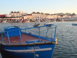 a blue boat is sitting in the water at Residencial Mares in Tavira