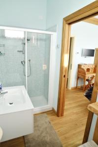 een badkamer met een douche en een witte wastafel bij B&B 3409ft Aeroporto in Asiago