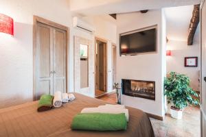 a bedroom with a bed with a fireplace and a tv at Borgo degli Ulivi in Porto Ercole