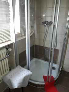 ザールルイにあるFewo Muellerのバスルーム(シャワー、バスタブ、椅子付)