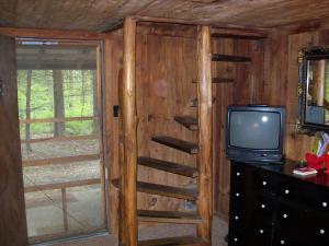 a living room with a tv and a wooden wall at Garden of Eden Cabins in Cosby +9 photos