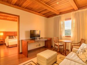 a hotel room with a bed and a television at Hotel Le Renard - Campos do Jordao in Campos do Jordão